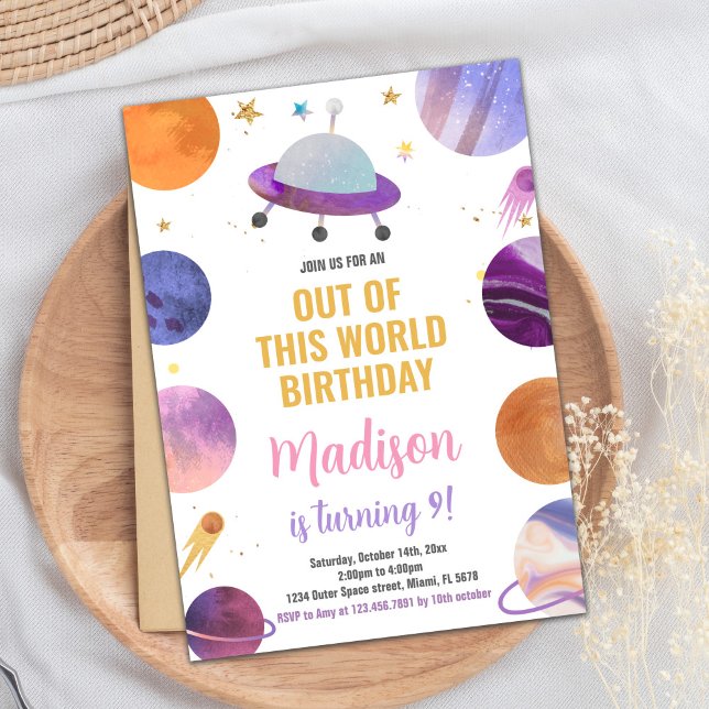 Rosa Rymden födelsedagsinbjudningar Inbjudningar (Pink Outer Space Birthday Invitations)
