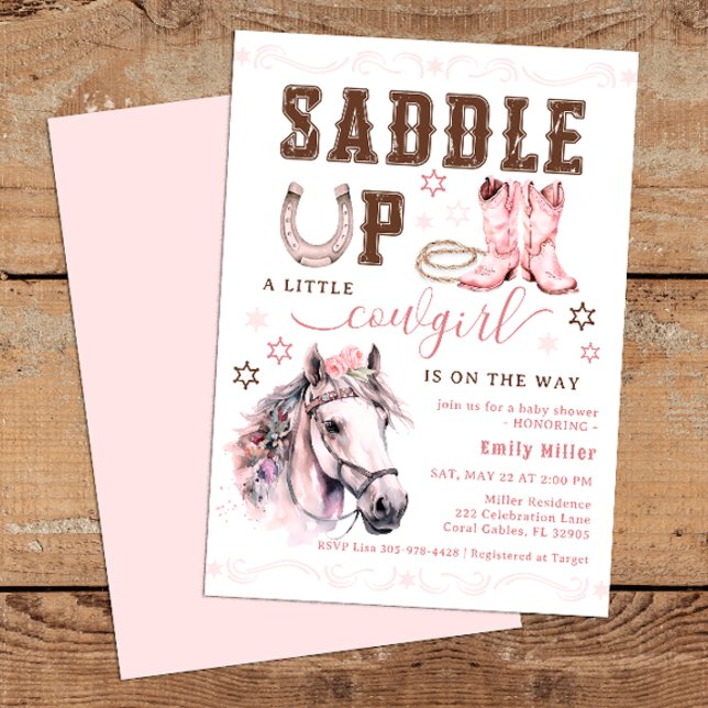 Rosa Saddle Up Cowgirl Baby Shower Inbjudan (cowgirl invite )
