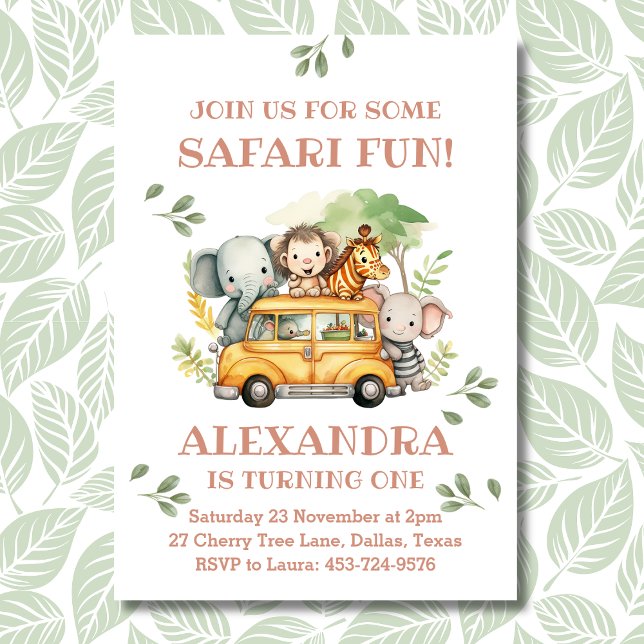 Rosa Safari Animal Girl Jungle 1st Birthday Party Inbjudningar (Skapare uppladdad)