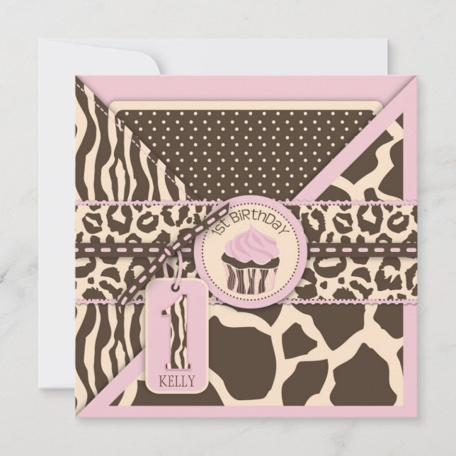 Rosa Safari Animal Print & Cupaka Första födelseda Inbjudningar (Framsida)