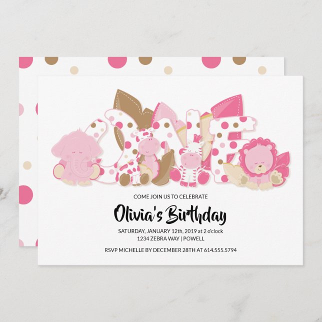 Rosa Safari Animals 1:a inbjudan till födelsedagsp (Fram/baksida)