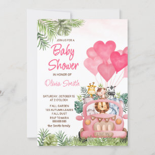 Rosa Safari Animals Baby Shower Inbjudningar