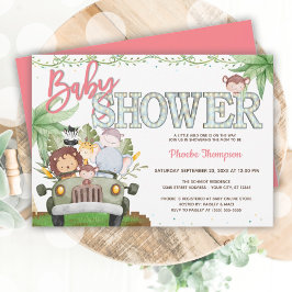 Rosa Safari Animals Baby Shower Inbjudningar