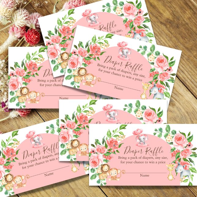 Rosa Safari Baby Shower Diaper Raffle Cards Tilläggskort (Skapare uppladdad)