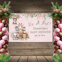 Rosa Safari Djungel Baby Shower Banner Tjejtema