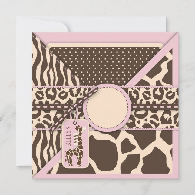 Rosa Safari Giraffe & Cupkaka, andra födelsedagen Inbjudningar (Framsida)