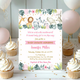Rosa Safari Jungle Animal Baby Shower Inbjudningar