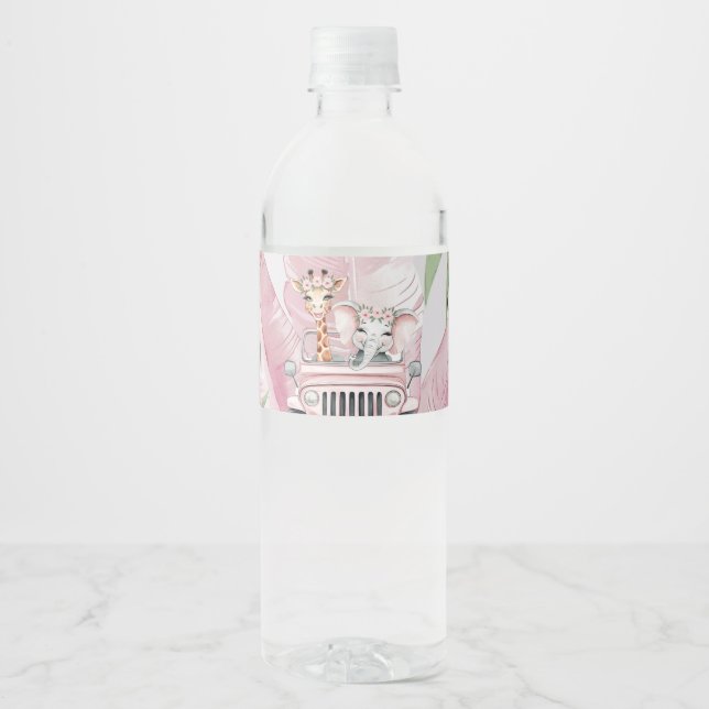 Rosa Safari Jungle Äventyr Girl Baby Shower Vattenflaskor Etikett (Framsida)