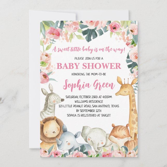 Rosa Safari Jungle Baby Shower Inbjudningar (Framsida)