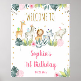 Rosa Safari Jungle Party Animals Birthday Välkomme Poster