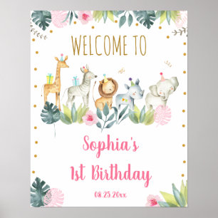 Rosa Safari Jungle Party Animals Birthday Välkomme Poster