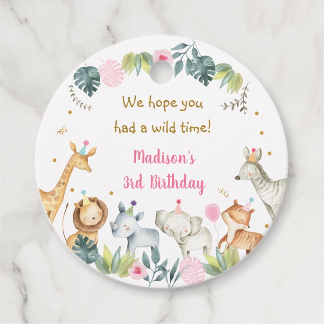 Rosa Safari Party Djurfödelsedag Gåvor Etiketter (Framsida)