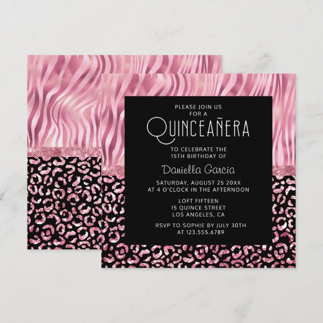 Rosa Safari Tiger Leopard Shimmer Quinceañera Inbjudningar (Fram/baksida)