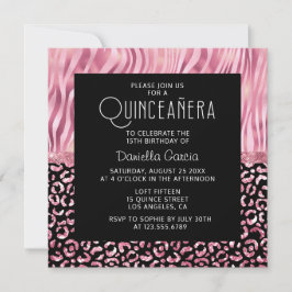 Rosa Safari Tiger Leopard Shimmer Quinceañera Inbjudningar