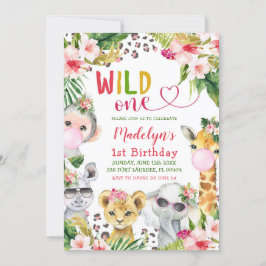 Rosa Safari Vild One Girl Födelsedagsfest Inbjudningar