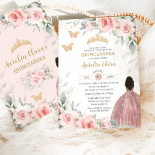 Rosa Sage Blommigt Brown Princess Quinceañera Inbjudningar