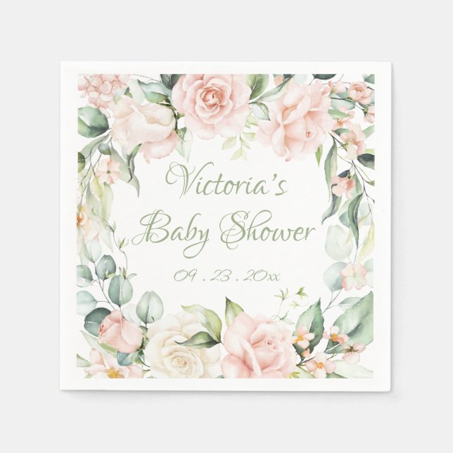 Rosa  Sage Blommigt Personlig Baby Shower Pappersservett (Framsidan)
