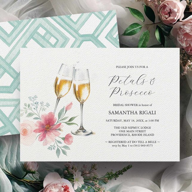 Rosa & Sage Blue Petals & Prosecco Möhippa Inbjudningar (Bridal shower invitations featuring a watercolor petals and Prosecco design by Do Tell A Belle)
