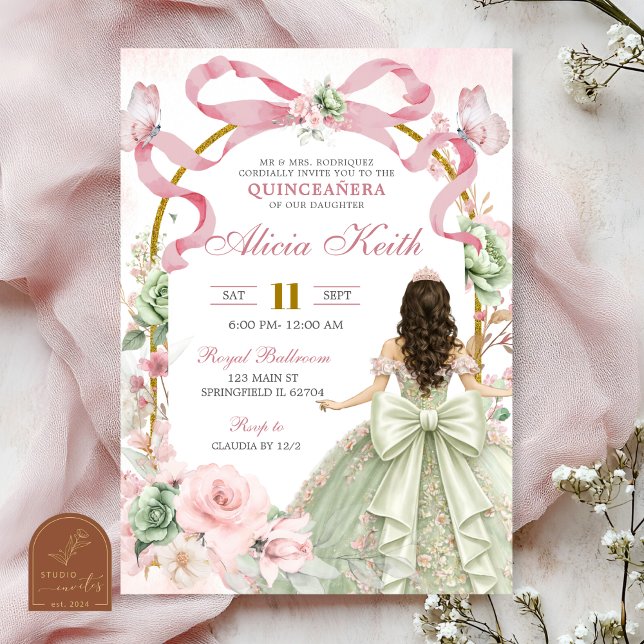 Rosa Sage Bow Coquette Fjäril Prinsessa Quin Inbjudningar (Skapare uppladdad)