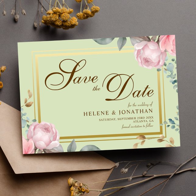  Rosa Sage Grönt Blommigt Elegant bröllop Spara Datumet (Blush Pink Sage Green Floral Elegant Wedding Save The Date)