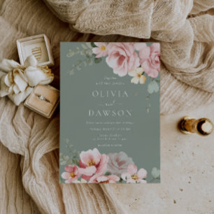 Rosa & Sage Grönt Elegance Bröllop Inbjudningar
