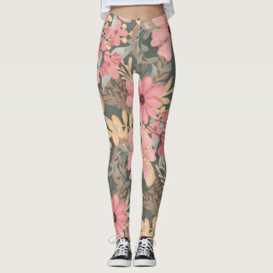 Rosa Sage Grönt Flowers Lämna Watercolor Mönster Leggings