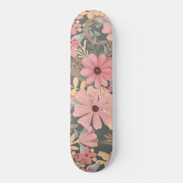 Rosa Sage Grönt Flowers Lämna Watercolor Mönster Mini Skateboard Bräda 18,5 Cm (Framsida)