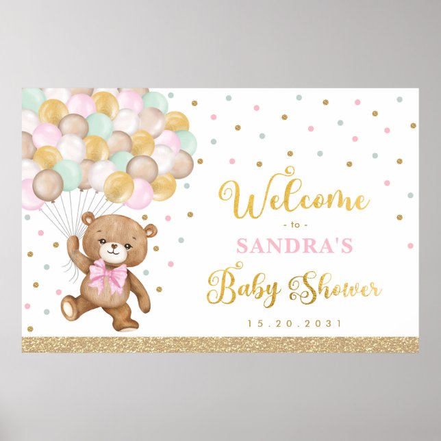 Rosa Sage Grönt Nalle Balloon Välkommen Baby Poster (Framsidan)