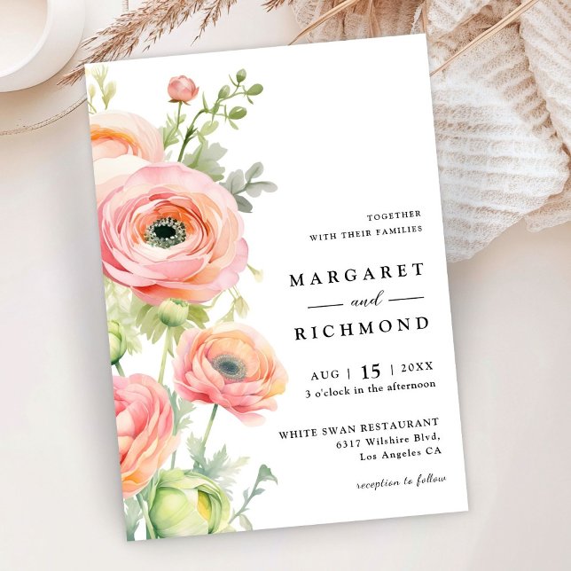  Rosa & Sage Grönt Ranunculus Blommigt Bröllop Inbjudningar (Skapare uppladdad)