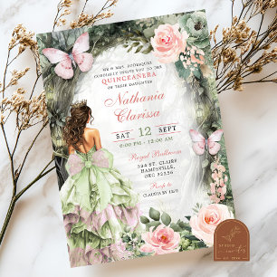 Rosa Sage Grönt Whimsical Forest Quinceanera Inbjudningar