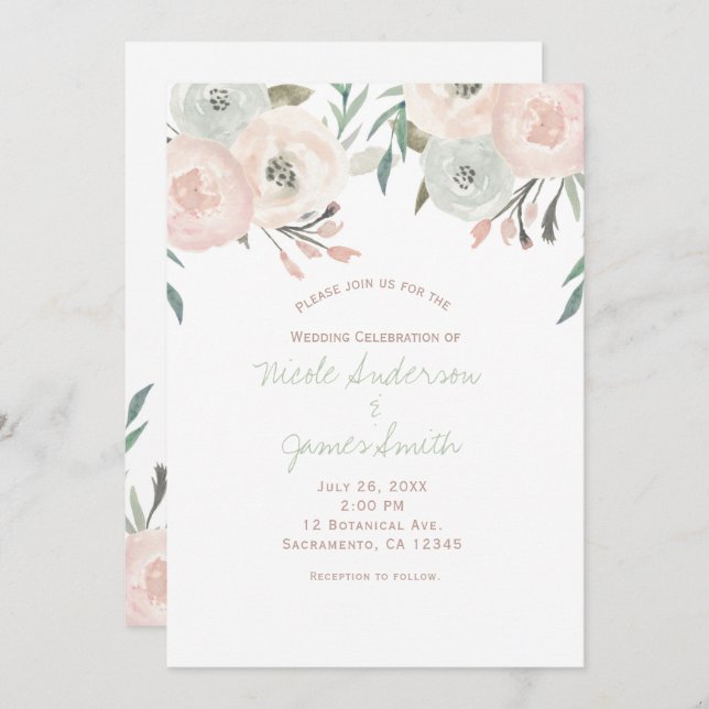 Rosa Sage Mint Grönt Modern Blommigt Bröllop Inbjudningar (Fram/baksida)