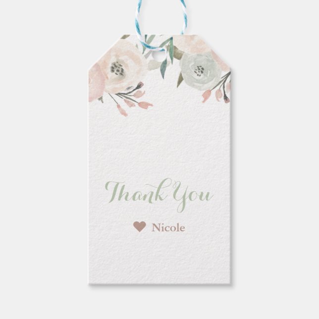 Rosa & Sage Mint Grönt Modern Blommigt Möhippa Presentetikett (Framsidan)