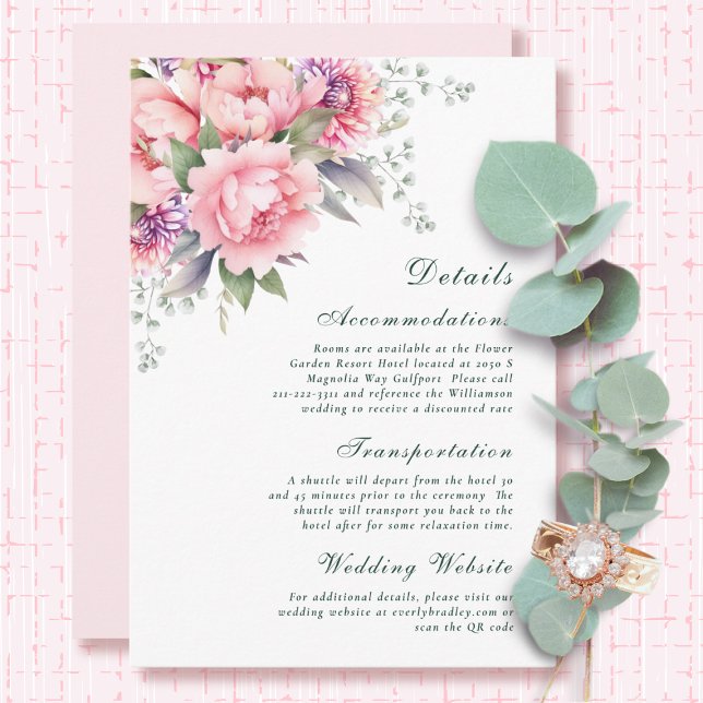 Rosa Sage Romantic Watercolor Blommigt Peony Detai Tilläggskort (Skapare uppladdad)