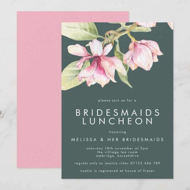 Rosa & Sage Watercolor Blommigt Bridesmaids Lunche Inbjudningar (Fram/baksida)