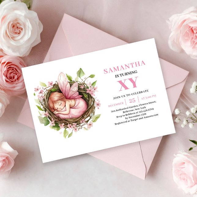 Rosa Sagoblomsflicka 7-års Födelsedagsinbjudan Inbjudningar (Pink Fairy Girl 7th Birthday Blush Floral invitation)
