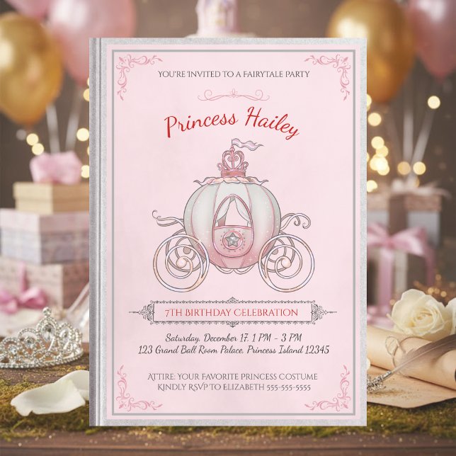 Rosa Sagoprinsessa Sagobok Födelsedagsfest Inbjudningar (Host a party fit for royalty with an enchanting "Once Upon a Time" storybook invitation)