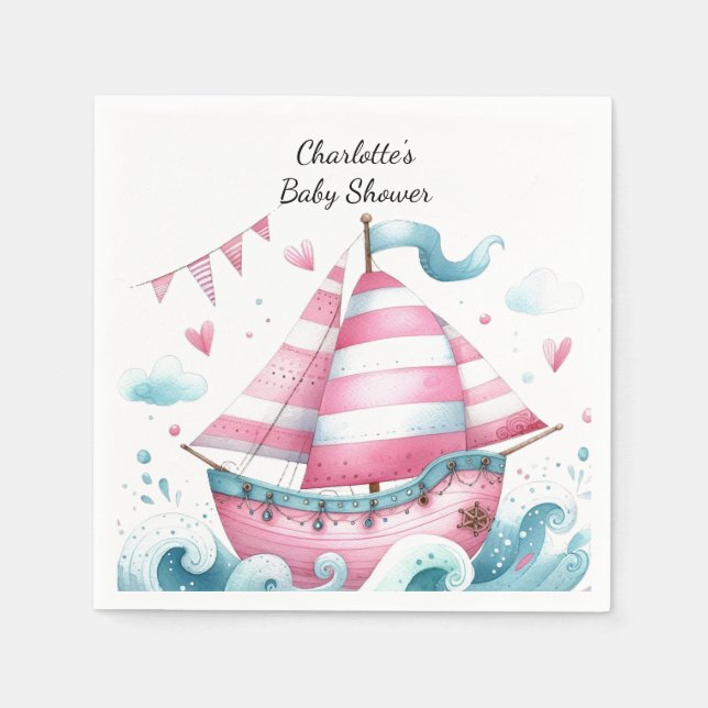 Rosa Sailboat Nautical Baby Shower Papper Napkins Pappersservett (Framsidan)