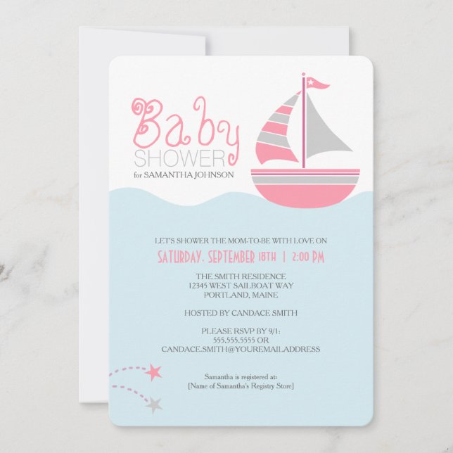 Rosa Sailboat Nautical Girl Baby Shower-inbjudan Inbjudningar (Framsida)