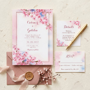 Rosa Sakura Blå Akvarell Brons Ram Bröllop Inbjudningar