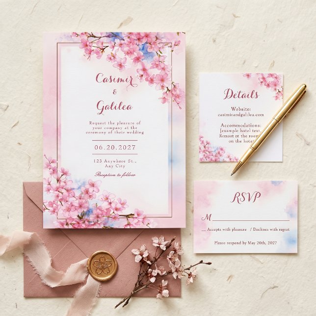 Rosa Sakura Blå Akvarell Brons Ram Bröllop Inbjudningar (Skapare uppladdad)