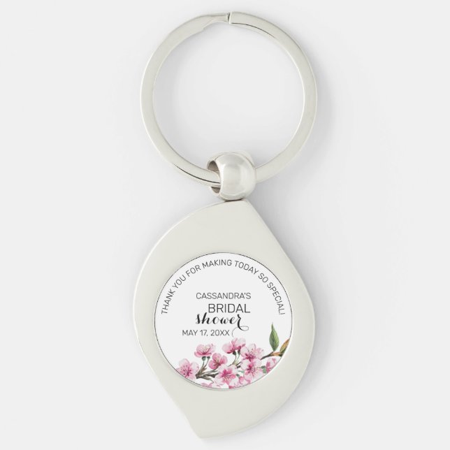 Rosa Sakura Blommande Blommig Bröllopsdusch Tack Swirl Silverfärgad Nyckelring (Framsidan)