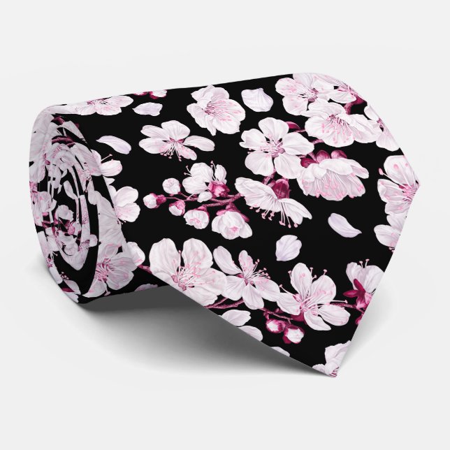 Rosa Sakura Blommigt Cherry Mönster Modern Black Slips (Rullad)