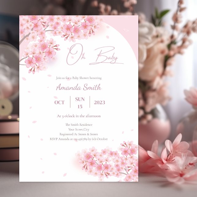 Rosa Sakura Cherry Blommar Girl Baby Shower Inbjudningar (Skapare uppladdad)
