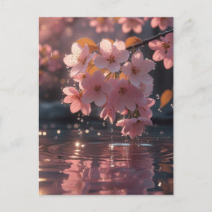 Rosa Sakura Flowers Över Vatten Serene Vår Nat Vykort