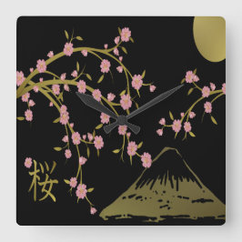 Rosa Sakura Guld Black Japanska Skärm Fyrkantig Klocka