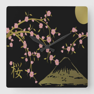 Rosa Sakura Guld Black Japanska Skärm Fyrkantig Klocka