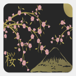 Rosa Sakura Guld Black Japanska Skärm Fyrkantigt Klistermärke