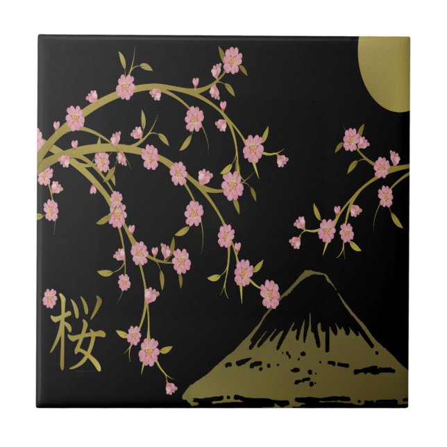 Rosa Sakura Guld Black Japanska Skärm Kakelplatta (Framsidan)