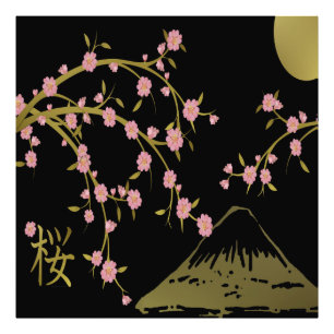 Rosa Sakura Guld Svart Japansk Skärm Fototryck