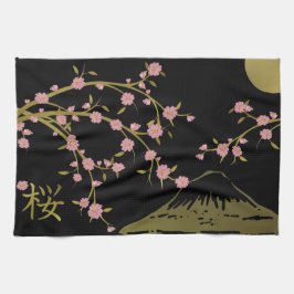 Rosa Sakura Guld Svart Japansk Skärm Kökshandduk